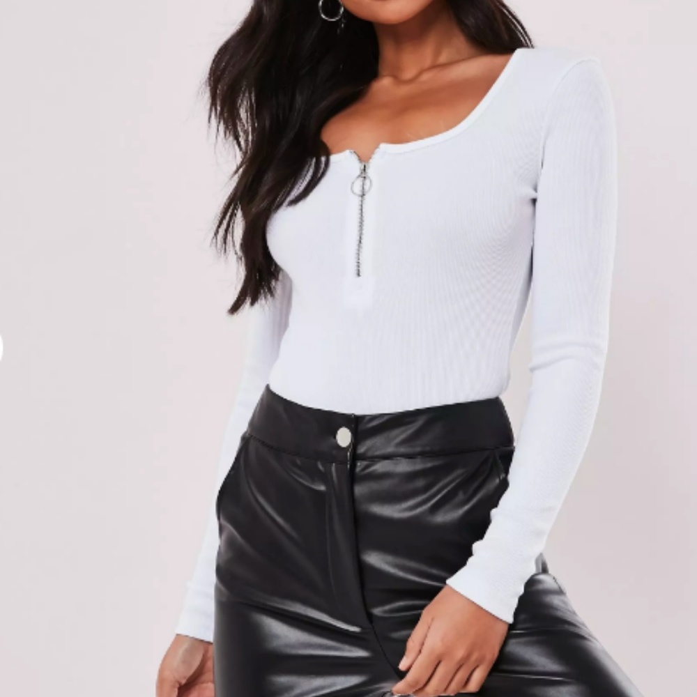 Missguided White Zip Front Long Sleeve Bodysuit